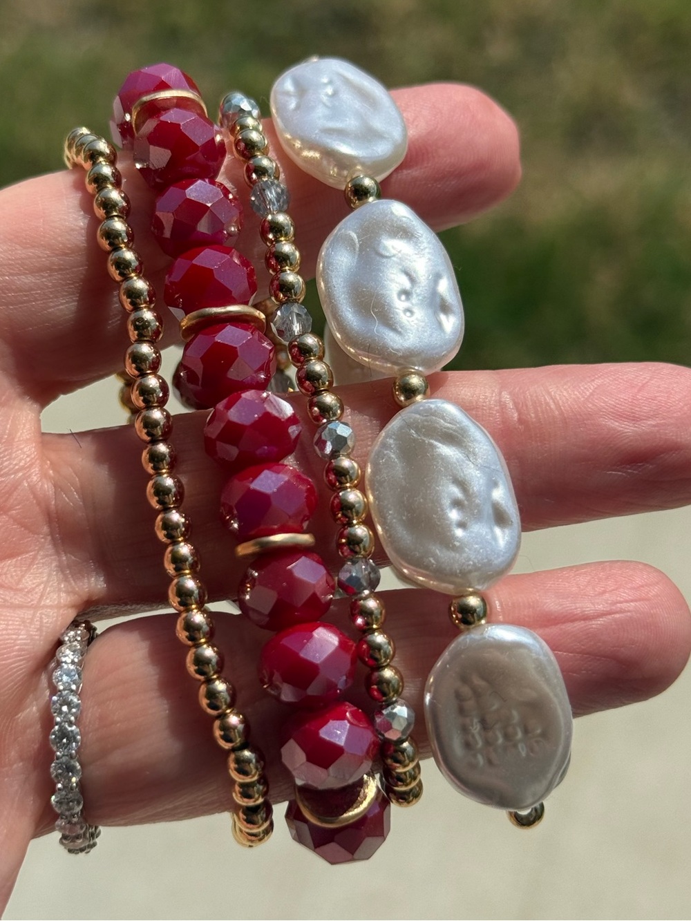 Gold & Red Beaded Stretch Bracelet Set with Pearl Accent (4)